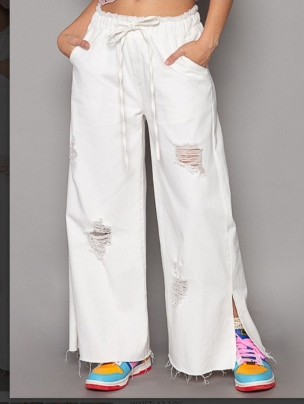 POL White Distressed Wide-Leg Drawstring Pants